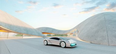 Günbatımında modern kıvrımlı beton mimari ile çevrili boş bir otoparkta park edilmiş beyaz fütürist spor araba. 3d oluşturma