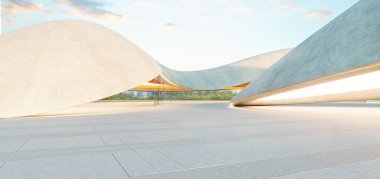 Gün batımında beton tepe örtüsü ile aydınlatılan boş otopark modern ve yenilikçi bir mimari tasarım yaratıyor. 3d oluşturma