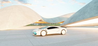 Çağdaş bir otoparkta eğimli beton yapıları olan beyaz fütüristik elektrikli bir arabanın 3 boyutlu görüntüsü.