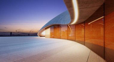 Turuncu cam duvarlar ve kurşun ışıklarla aydınlatılmış beton tavanlı fütüristik bir tasarımı olan boş bir çatı katı. Gün batımında şehrin manzarasına bakıyor. 3d oluşturma