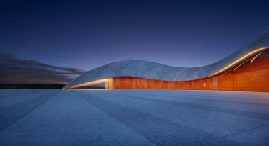 Alacakaranlıkta aydınlanan dalgalı çatısı olan gelecekçi bir binanın önündeki boş otopark. 3d oluşturma