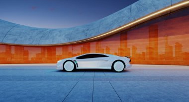 Günbatımında turuncu bir duvara yansıyan şehir silueti olan modern bir otoparkta park edilmiş gelecekçi beyaz elektrikli spor araba. 3d oluşturma