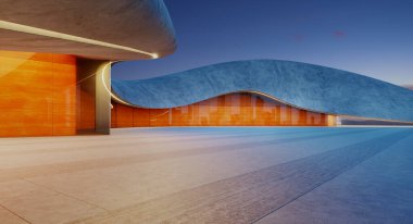 Günbatımında şehrin ufuk çizgisini yansıtan modern mimariye sahip boş park alanı, gelecekteki kentsel manzarayı yaratıyor. 3d oluşturma