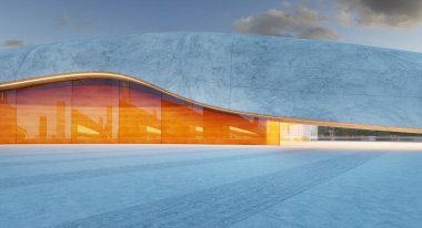 Sıcak gün batımı ışığını yansıtan beton ve cam bir binanın önündeki boş otopark. 3d oluşturma