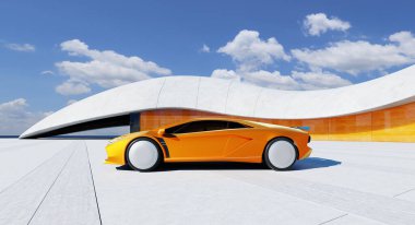 Modern bir binanın önüne park edilmiş turuncu fütüristik spor araba. 3B görüntüleme