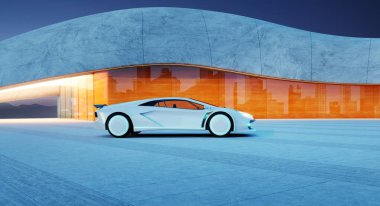 Çağdaş mimarinin dışında park etmiş gösterişli beyaz spor araba şehir manzarasını akşam karanlığında yansıtıyor, yenilikçi otomotiv tasarımı ve şehir yaşam tarzını sergiliyor. 3B görüntüleme