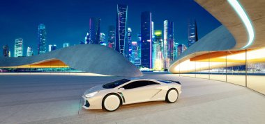 Çağdaş bir otoparkta park halindeki fütüristik beyaz bir spor arabanın canlandırması, gece canlı bir şehrin siluetinin arka planına kurulmuş.