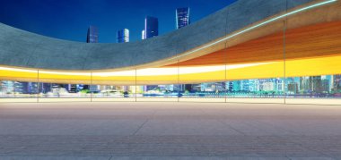 Modern beton otopark aydınlatmalı cam cepheli gece gökdelenli fütürist şehir silueti, 3D