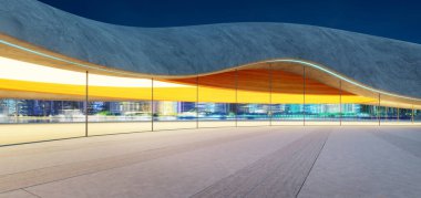 Geceleri şehir manzaralı, modern beton ve ahşap bir yapının altında boş bir otopark. 3d oluşturma