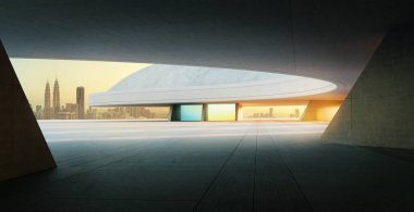 Günbatımında kuala lumpur ufuk çizgisini gösteren fütüristik beton iç mekan. 3B görüntüleme