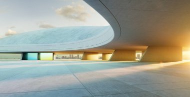 Günbatımında, arka planda şehir silüeti olan modern mimari beton bina dış yüzeyi. 3B görüntüleme