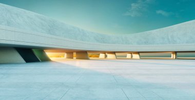 Günbatımında modern mimarinin altındaki boş otopark beton bina. 3B görüntüleme