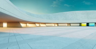 Gün batımında renkli pencereleri olan fütüristik beton binanın altındaki boş otopark. 3d oluşturma