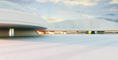 Renkli pencereli, batan güneşin sıcacık parıltısıyla yıkanmış eşsiz dairesel bir tasarıma sahip modern beton mimari. 3B görüntüleme