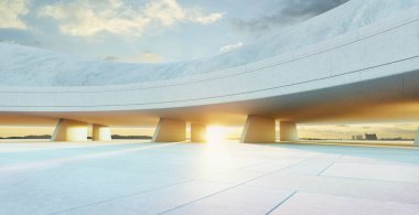 Günbatımında beton sütunları ve boş meydanı olan modern mimari binalar. 3B görüntüleme