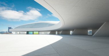 Modern mimarisi olan boş beton bina mavi gökyüzünün altında bulutlu bir kubbe ve şehir manzarası gösteriyor. 3d oluşturma