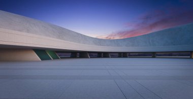 Günbatımında renkli panelleri olan modern beton bir binanın önündeki boş meydan. 3d oluşturma