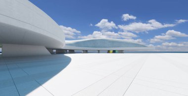 Bulutlu gökyüzü ve deniz ile modern beyaz fütürist bina. 3d oluşturma