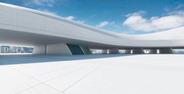 Arka planında şehir silüeti olan fütürist bir binanın altındaki beton zemin modern ve yenilikçi bir şehir alanı olduğunu gösteriyor. 3d oluşturma
