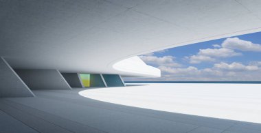 Beton ve camı harmanlayan fütüristik mimari bulutlu bir gökyüzünün altında nefes kesici bir okyanus manzarasına açılıyor. 3d oluşturma