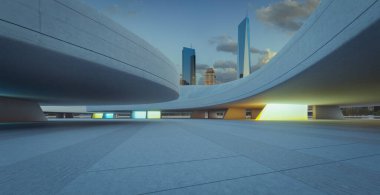 Günbatımında parlayan panelleri olan, şehrin ufuk çizgisine bakan boş, modern yükseltilmiş yürüyüş yolu yapısı. 3B görüntüleme