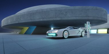 Beyaz elektrikli spor araba gece beton binanın altındaki fütüristik istasyonda şarj oluyor ve arka planda şehir ışıkları var. 3B görüntüleme
