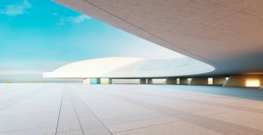 Mavi gökyüzünün altında denize bakan boş karesi olan fütüristik beton bina. 3d oluşturma