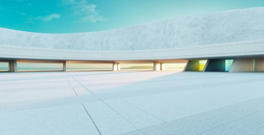 Günbatımında sakin bir okyanusa bakan renkli cam panelleri olan modern mimari binalar fütüristik tasarım ve kıyı sükuneti sergiliyor. 3d oluşturma