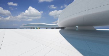 Çağdaş beyaz beton bina. Kıvrımlı şekilleri ve mavi gökyüzünün altında cam çatısı ve bulutları var. 3d oluşturma