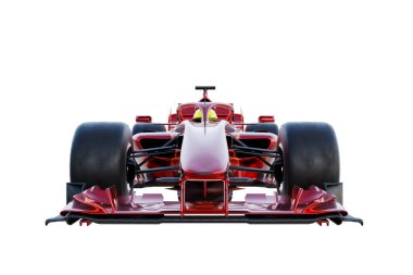 Kırmızı formül, beyaz arka planda hız yapan bir yarış arabası. 3B görüntüleme