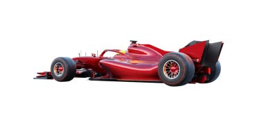 Kırmızı yarış arabası beyaz arka planda izole edilmiş, hız, teknoloji ve rekabet gösteriyor. 3B görüntüleme