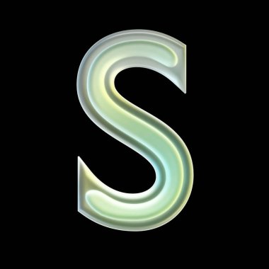 Büyük harf s, parlak, şeffaf yeşil cam, şeffaf siyah arka planda izole. 3d oluşturma