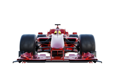 Kırmızı formül, şeffaf bir arka planda hız yapan bir yarış arabası. 3B görüntüleme