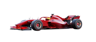 Kırmızı formül, şeffaf bir arka planda hız yapan bir yarış arabası. 3B görüntüleme