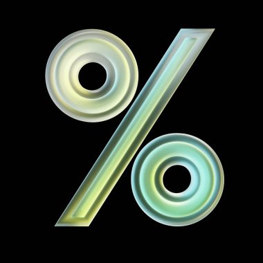 İndirim, tasarruf ya da promosyonları temsil eden yeşil ve sarı yüzde sembolü, siyah arka planda izole edilmiş. 3d oluşturma