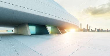 Boş beton zemin ve günbatımında şehrin ufuk çizgisi olan modern çatı katı. 3d oluşturma