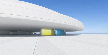 Açık gökyüzünün altında deniz kenarında sarı ve mavi pencereleri olan fütürist beyaz yuvarlak bir bina. 3d oluşturma