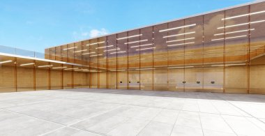 Boş modern cam ve beton bina mavi gökyüzünü ve bulutları yansıtıyor. 3d oluşturma