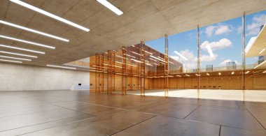 Büyük açık plan modern boş bina lobisi şehir manzaralı avluya açılıyor. 3d oluşturma