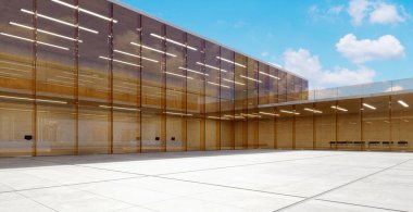 Modern cam ve beton bir binanın dış yüzeyi mavi gökyüzünü ve bulutları yansıtıyor, çağdaş mimariyi gösteriyor. 3d oluşturma