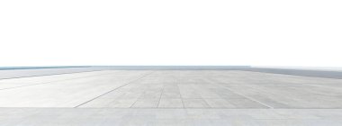 Beyaz bir zemin üzerinde mavi bir ufka doğru uzanan boş beton zemine sahip modern mimari tasarım, minimalist ve ferah bir atmosfer yaratıyor. 3d oluşturma