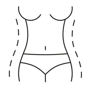 Female figure. Outline of young girl. Stylized slender body. Linear Art. Black and white vector illustration and icon. Contour of a slender figure. Plastic surgery.