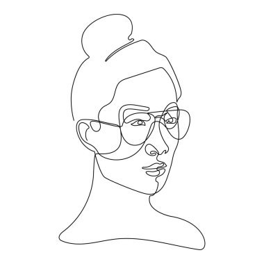 Stylish hand drawn one continuous line woman in sunglasses. Fashionable typography girl in minimalist style. Beauty sign. Attractive fashion model. Summer fashion.