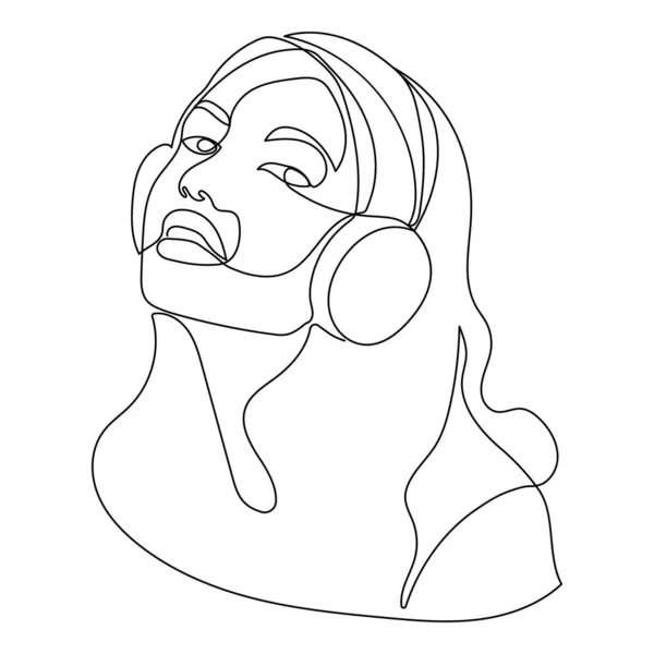 Eine Kontinuierliche Einzelne Linie Kunst Doodle Kopfhörer Mädchen Musik Kopf — Stockvektor