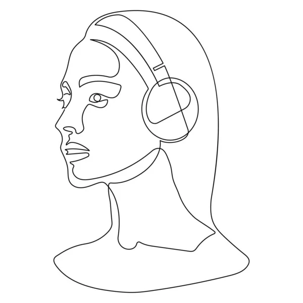 Una Línea Dibujada Única Continua Arte Doodle Auriculares Chica Música — Archivo Imágenes Vectoriales