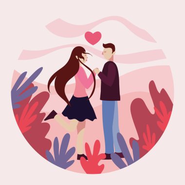 Young man and woman holding pieces of heart that is matching. Love couple match. Valentine's day. Soulmate. Heart jigsaw. Date or blind date. Flat vector illustration character.