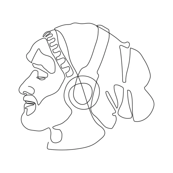 Porträt Eines Mannes Mit Kopfhörer Durchgehende Linienzeichnung — Stockvektor