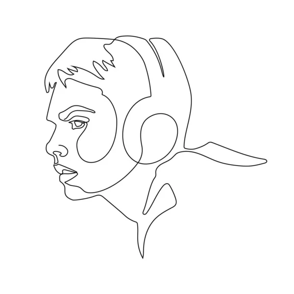 Kontinuierliche Einspurige Darstellung Einer Linie Mädchen Hört Musik Mit Kopfhörern — Stockvektor