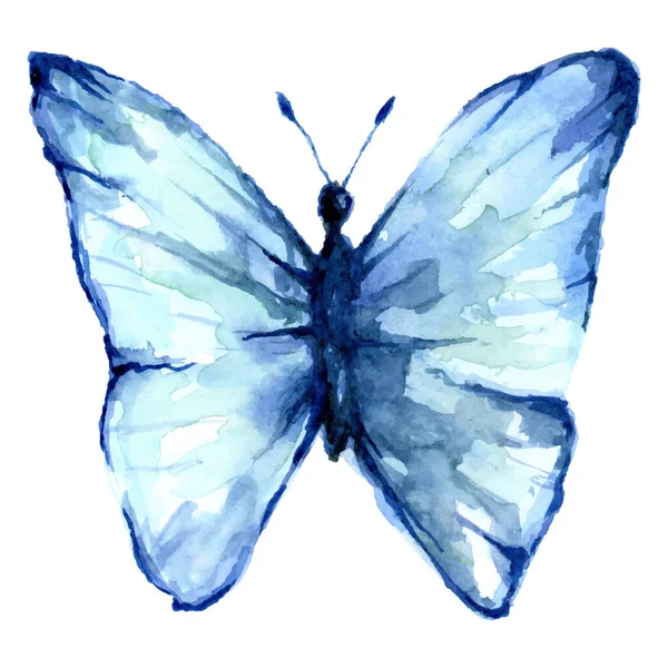 白い背景に美しい青の水彩蝶 翼は壁紙のためのぬれた水彩画の芸術漫画の動物のイラストのように見える ベクトル — ストックベクタ