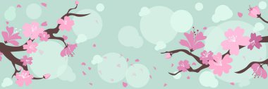Kiraz çiçekli yatay pankart, bahar sakura çiçekleri. Retro vektör çizimi. Mesajın için yer aç. Davetiye, kart, poster, broşür, etiket için tasarım.